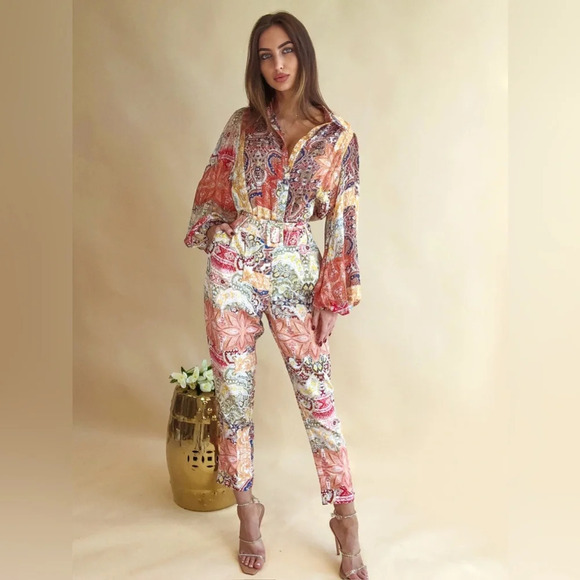 A Peach Pants - A Peach Masala Paisley Flower Design Trouser Set Size Large NWT